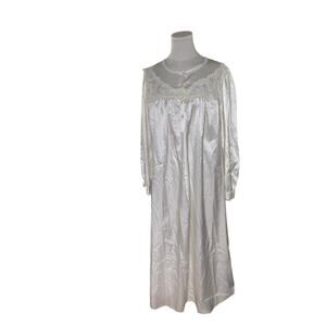 Vintage Miss Elaine‎ Ivory Satin Nightgown Lace Floral Embroidered Long Sleeve L